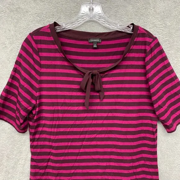 Talbots Shirt Womens Medium Pink Stripe Bow Tie Short Sleeve Pullover Stretch - Picture 2 of 9